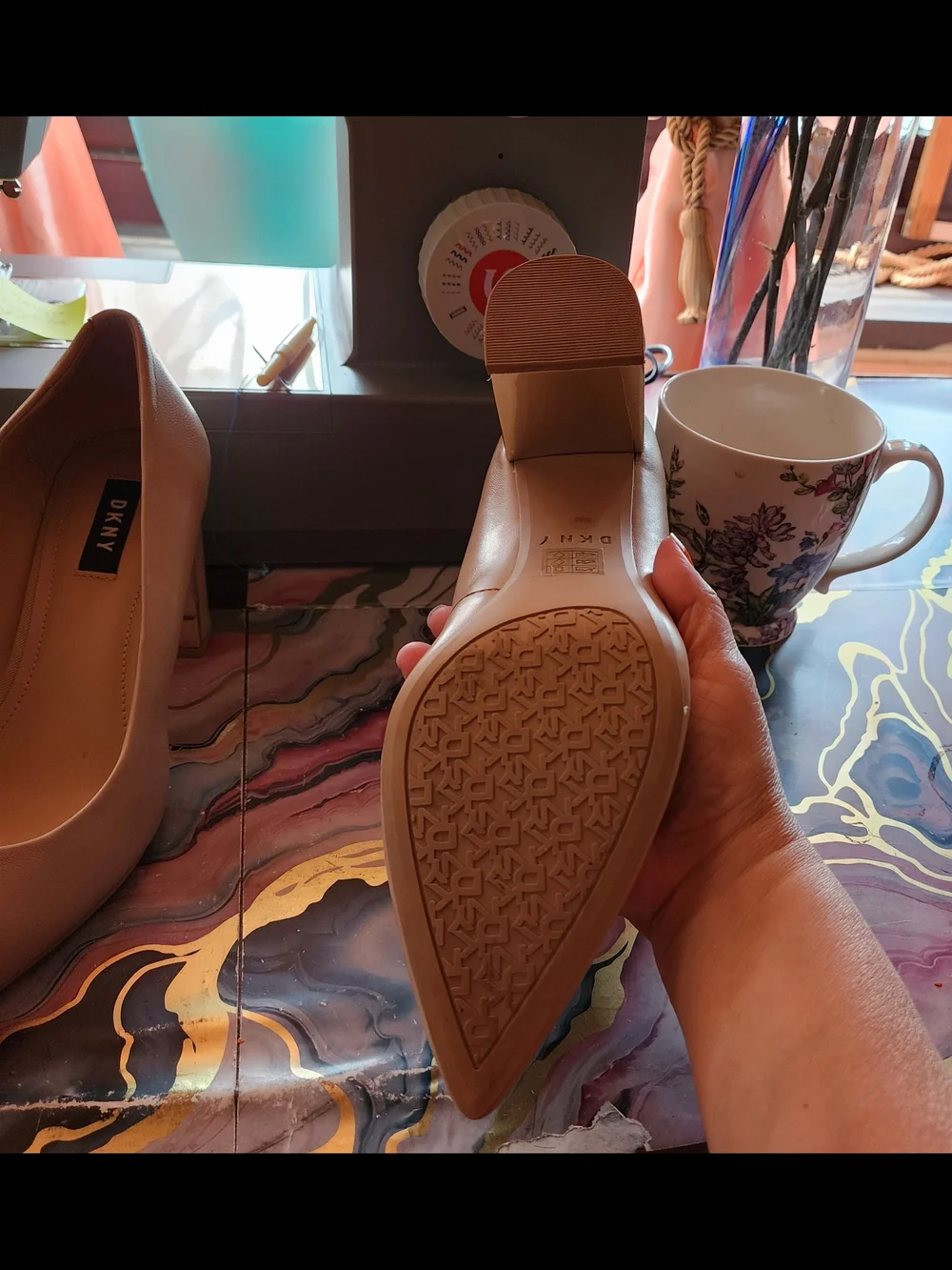 DKNY Tan Block Heel Pumps with Gold M Metal Plate Trim Logo Band
